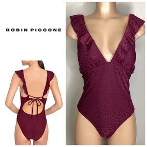 New. Robin Piccone plum ruffle one piece. Size 14. Retails $168